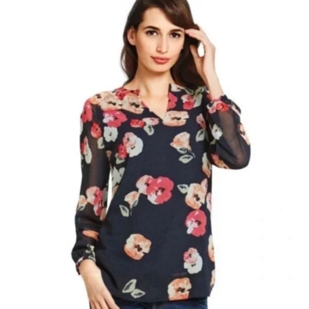 Cabi Navy Long Sleeve Floral Blouse Top 971